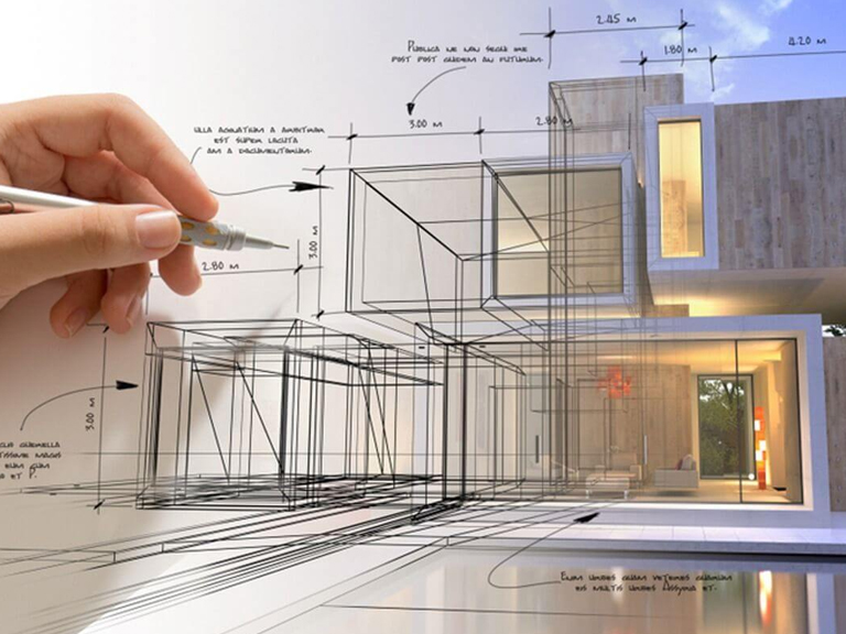 Tutor sketching house with pencil for providing online architecture homework help to a student