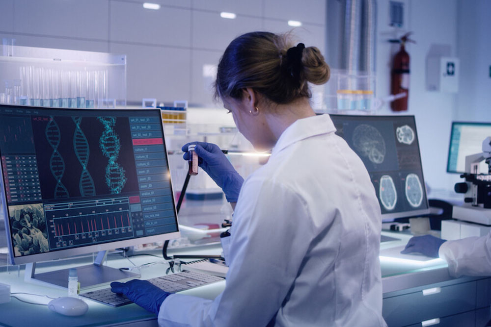 A bioinformatics student wearing a lab coat and blue gloves analyzes a sample in a test tube at a laboratory workstation. Two screens in front of her display DNA sequences and brain scans, highlighting the Bioinformatics Homework Help Concept. The lab is equipped with various scientific instruments and equipment. 