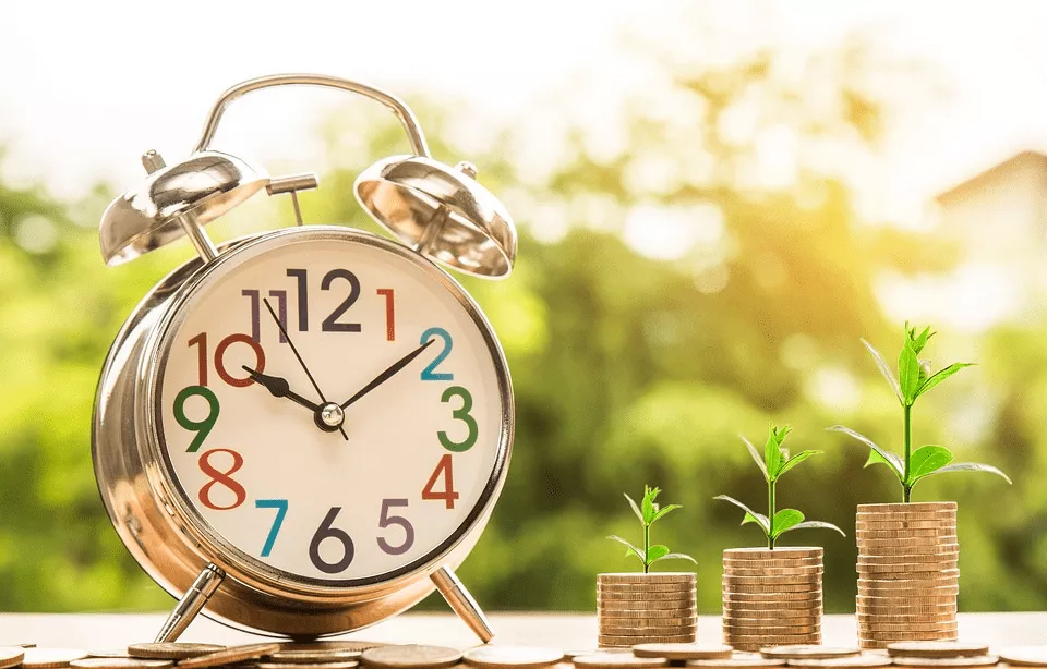 A clock and coins covered in plants, symbolizing growth and prosperity in a Business Homework Help concept