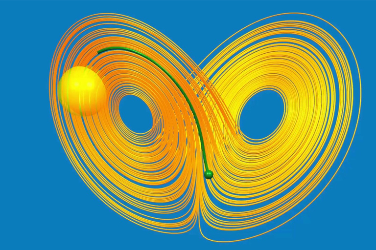 A computer-generated image of a vibrant yellow and green spiral representing the dynamic systems