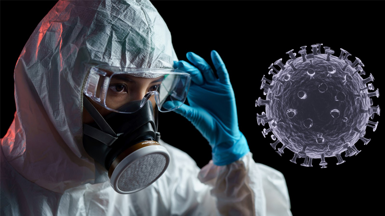 A student in protective gear and gloves examines a virus for epidemiology homework help