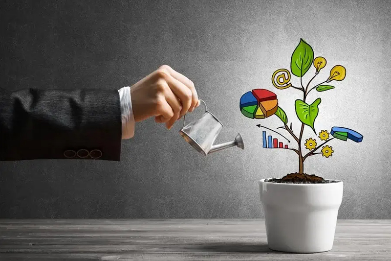 A businessman watering a plant with money and business symbols, representing the concept of financial planning