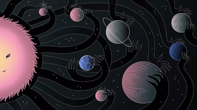 Illustration of a cartoon sun with orbiting planets, demonstrating Gravitation Assignment Help concept