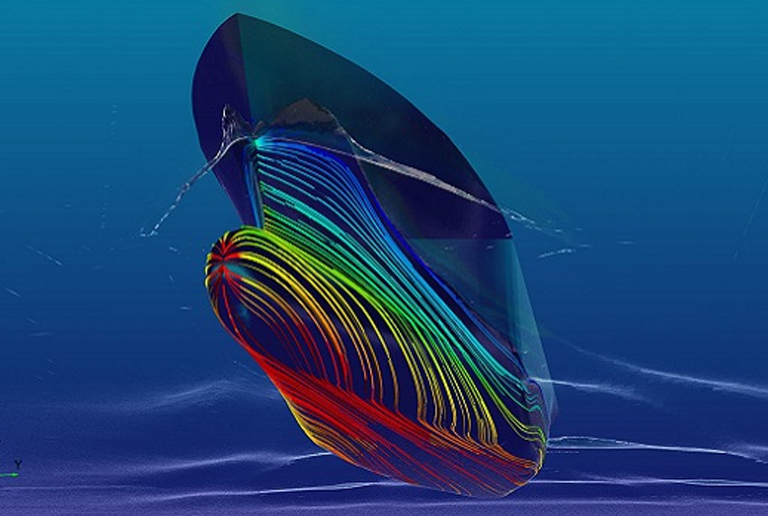 A boat with a vibrant rainbow sail glides gracefully on the ocean, showcasing the hydrodynamics concept