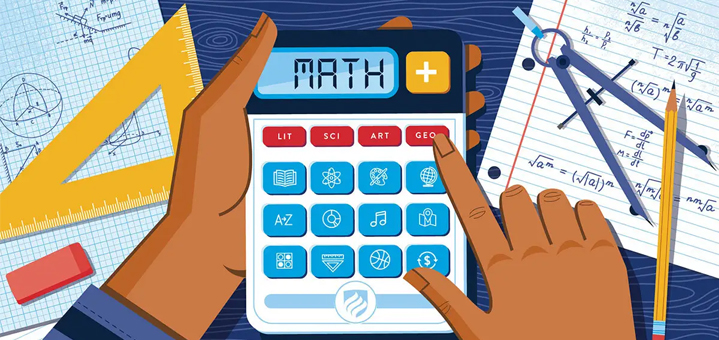 student concentrating on a math assignment, holding a calculator with mathematical calculations on the screen