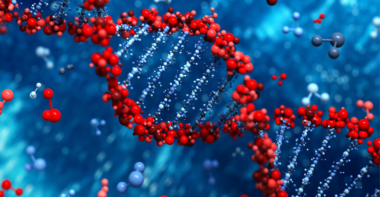 Illustration of DNA molecule with diverse molecular components in a scientific context