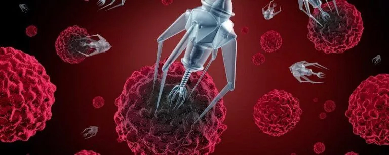 A robot amidst red blood cells, illustrating the concept of Nanotechnology assignment help