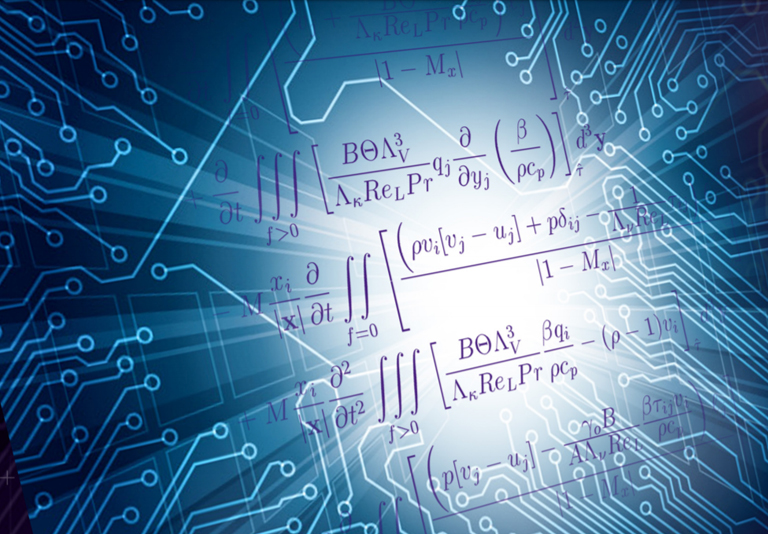 A computer circuit board with mathematical formulas, representing numerical analysis homework and assignments