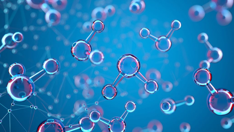 3D rendering of molecules on a blue background. Illustration representing physical chemistry